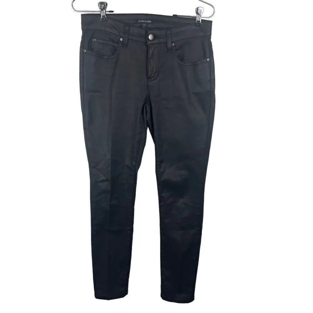 Eileen Fisher Organic Cotton Coated Shiny  Black Mid-Rise Skinny Jeans‎ Size 2